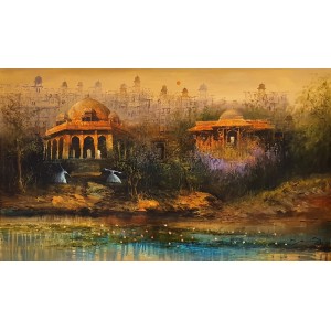 A. Q. Arif, 24 x 42 Inch, Oil on Canvas, Cityscape Painting, AC-AQ-445